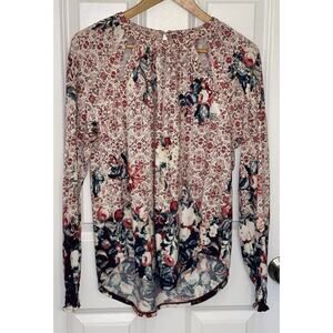 Lucky Brand Women’s Boho Peasant Blouse Back Button Keyhole 2 Front Keyholes (M)